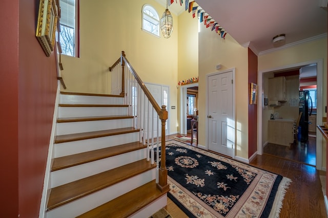 entryway with a high ceiling, crown molding, sink, and dark hardwood / wood-style flooring