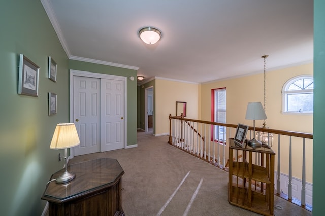 interior space with ornamental molding and carpet flooring