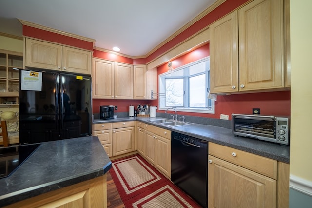 kitchen featuring light brown cabinetry, sink, ornamental molding, and black appliances