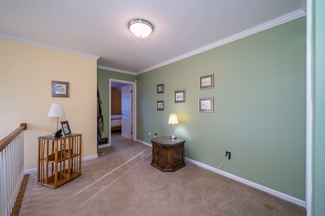 corridor featuring ornamental molding and light carpet