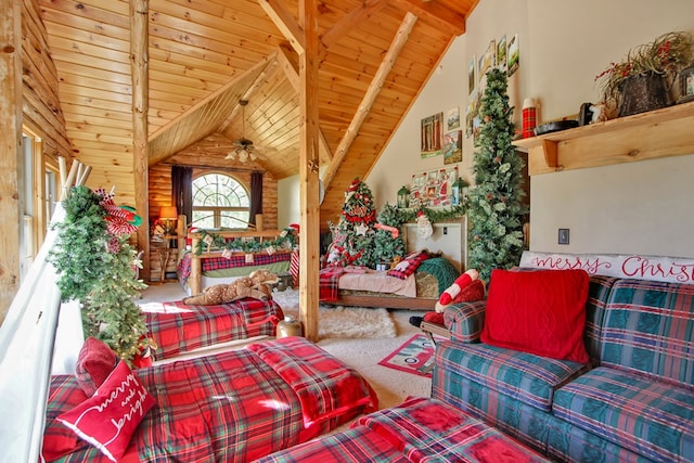 20 Mill Creek Rd, Mansfield, PA 16933 - living area featuring wood ceiling with exposed beams, carpet, and high vaulted ceiling