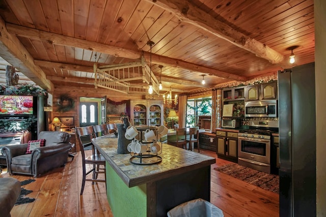 20 Mill Creek Rd, Mansfield, PA 16933 - kitchen featuring appliances with stainless steel finishes, light wood-style flooring, open floor plan, a chandelier, and wooden ceiling with exposed beams