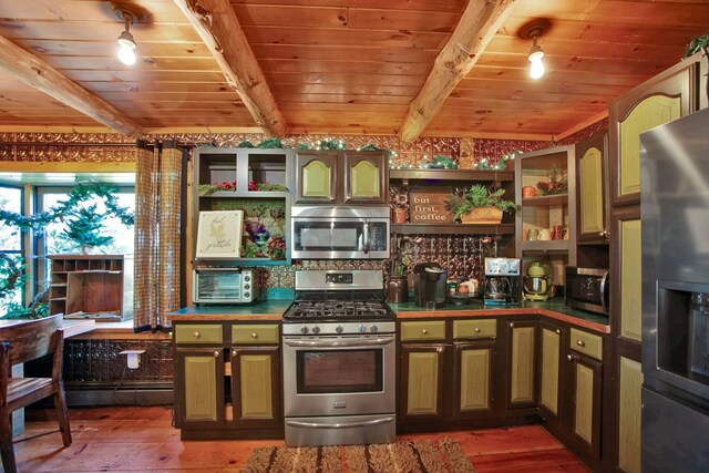 20 Mill Creek Rd, Mansfield, PA 16933 - kitchen with appliances with stainless steel finishes, open shelves, hardwood / wood-style floors, wood ceiling with exposed beams, and tile counters