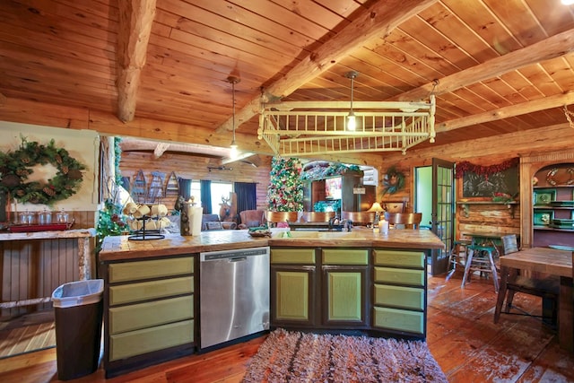 20 Mill Creek Rd, Mansfield, PA 16933 - kitchen with dishwasher, green cabinetry, wooden ceiling with exposed beams, dark wood-style flooring, and log walls