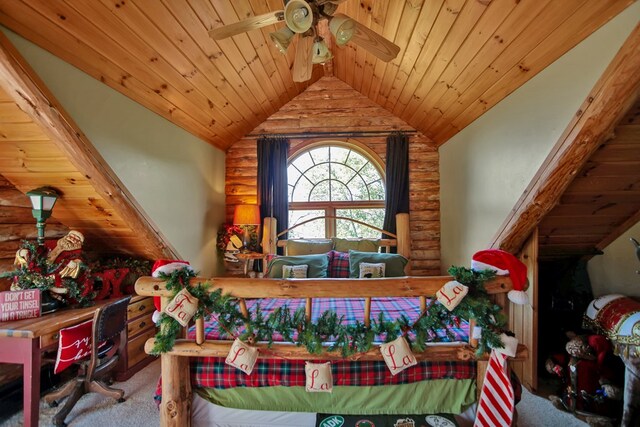 20 Mill Creek Rd, Mansfield, PA 16933 - detailed view of log walls, carpet, wood ceiling, and ceiling fan