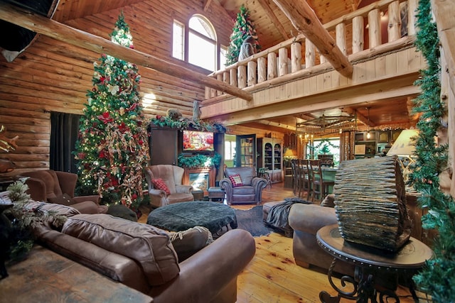 20 Mill Creek Rd, Mansfield, PA 16933 - living room featuring high vaulted ceiling, rustic walls, hardwood / wood-style flooring, and wood ceiling with exposed beams
