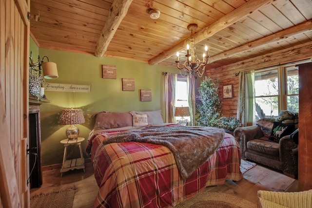 20 Mill Creek Rd, Mansfield, PA 16933 - bedroom with wood-type flooring, wooden ceiling with exposed beams, multiple windows, and a chandelier