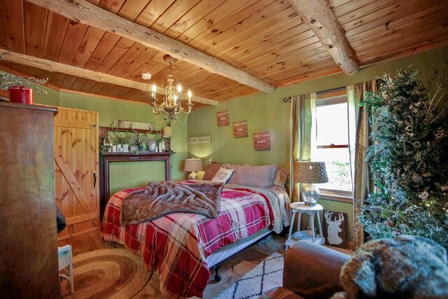20 Mill Creek Rd, Mansfield, PA 16933 - bedroom featuring wood ceiling with exposed beams, a chandelier, and wood finished floors