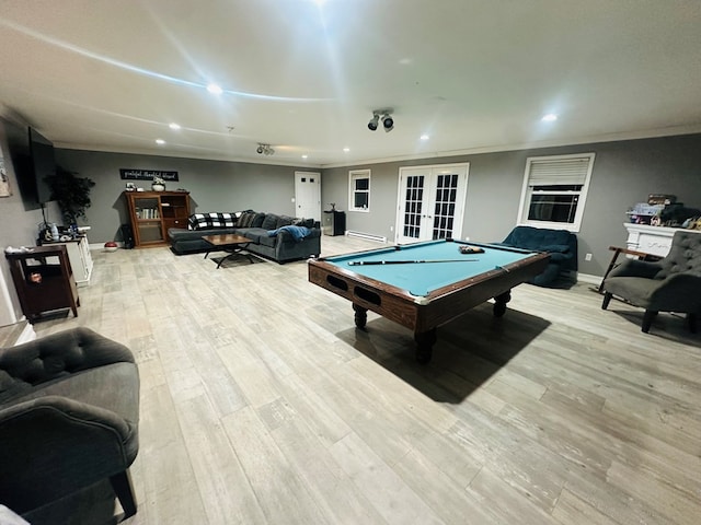 rec room featuring french doors, pool table, light wood-style floors, ornamental molding, and baseboards