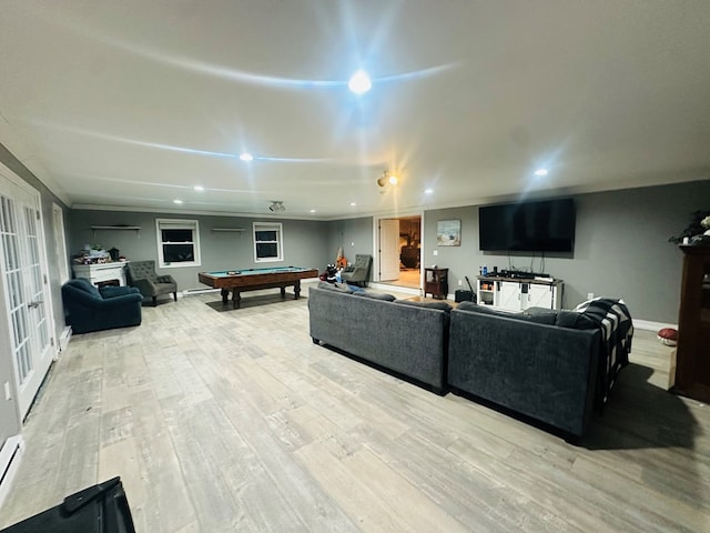 living room with light wood-style floors, recessed lighting, pool table, and a baseboard heating unit