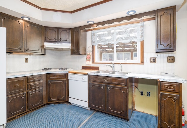 56 Benson Ave, Mansfield, PA 16933 - kitchen featuring crown molding, white appliances, dark brown cabinetry, under cabinet range hood, and a sink