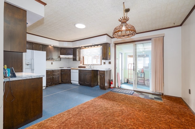 56 Benson Ave, Mansfield, PA 16933 - kitchen featuring light countertops, white appliances, under cabinet range hood, a sink, and dark brown cabinets