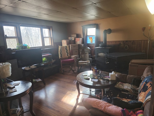 88 Finkenbinder Rd, Spencer, NY 14883 - living area featuring a wainscoted wall, wood finished floors, a wood stove, and a paneled ceiling