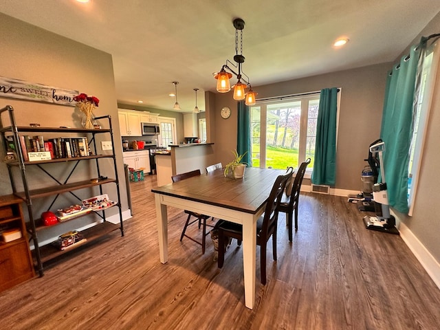 62 Canoe Camp Creek Rd, Mansfield, PA 16933 - dining room featuring baseboards, recessed lighting, dark wood-style flooring, and visible vents