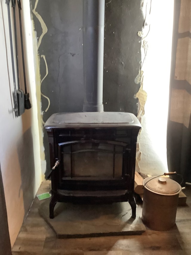 interior details featuring a wood stove and wood-type flooring