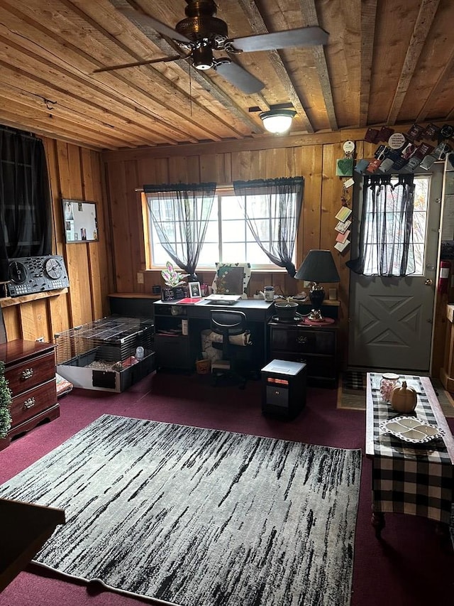 office area with ceiling fan, wooden walls, and wood ceiling