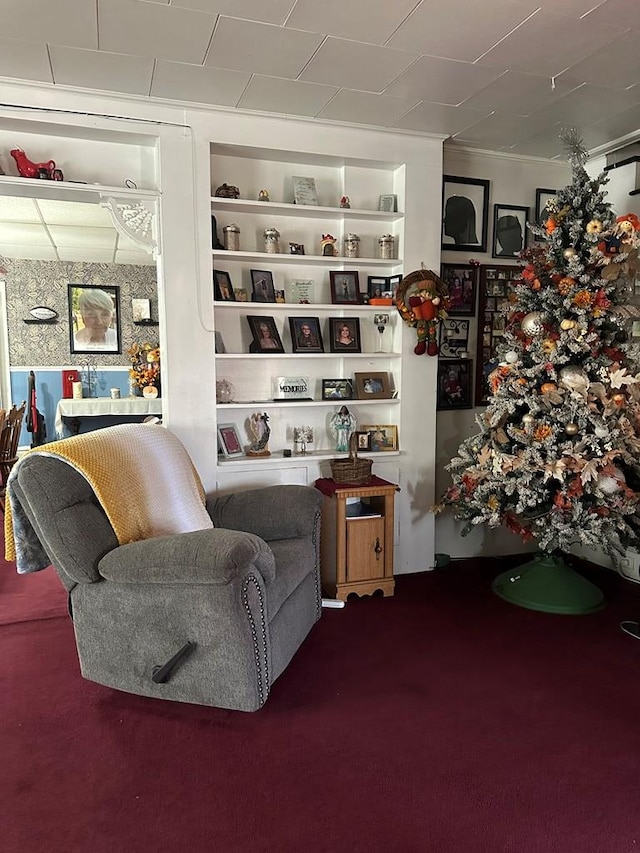 living area featuring built in shelves and carpet