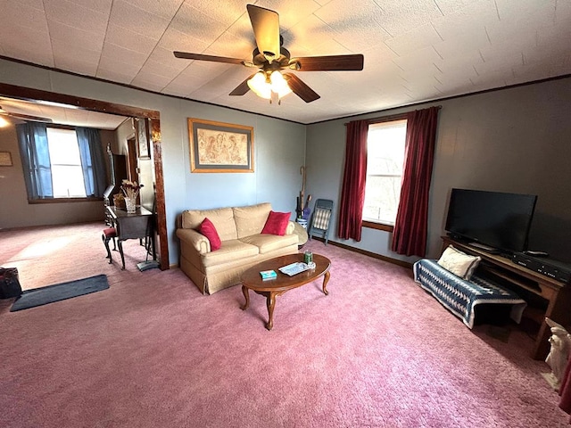 carpeted living room with ceiling fan and plenty of natural light