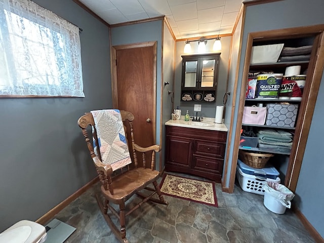 bathroom featuring ornamental molding, toilet, and vanity