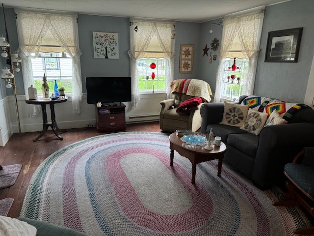 living room with hardwood / wood-style floors and a baseboard heating unit