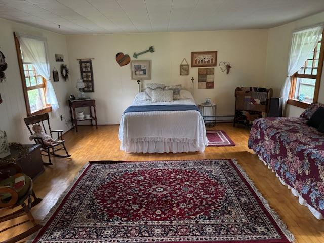 bedroom featuring wood-type flooring and a baseboard radiator