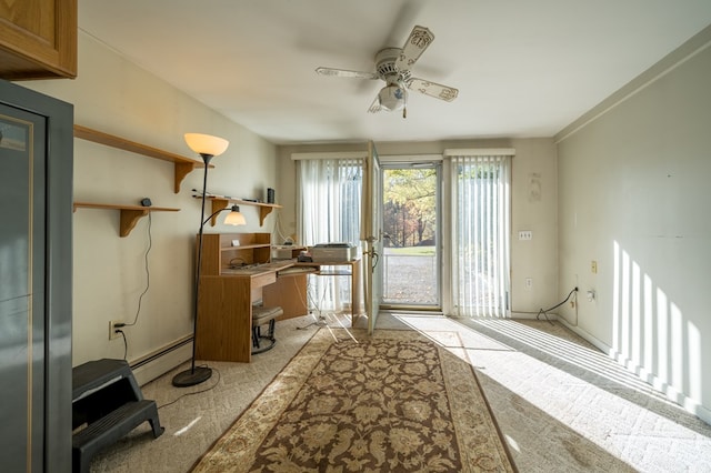 entryway with baseboard heating, ceiling fan, and light colored carpet