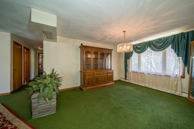 interior space with dark colored carpet and an inviting chandelier