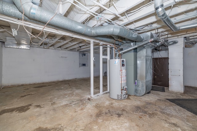 unfinished basement with water heater and heating unit
