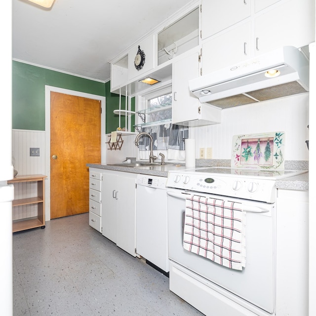 kitchen featuring white cabinetry, white appliances, sink, and exhaust hood