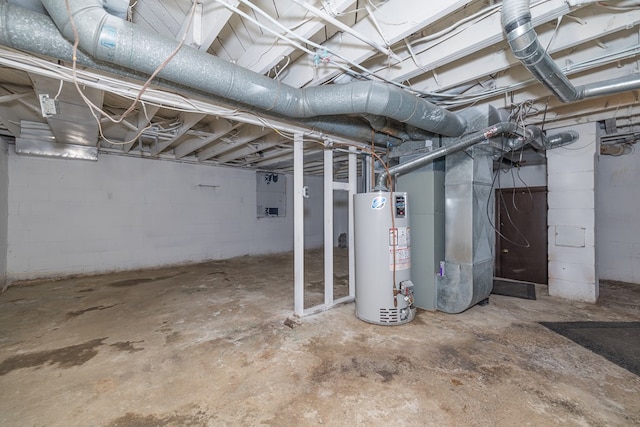 basement featuring heating unit and gas water heater