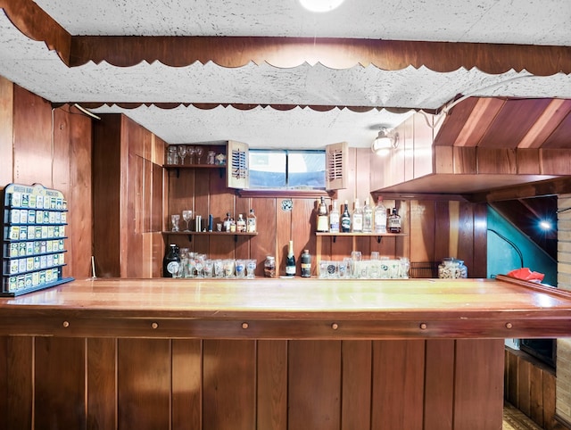 bar featuring wooden walls and a bar