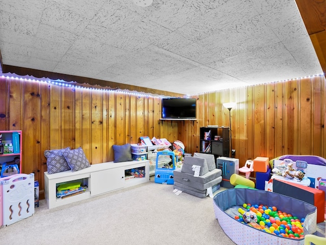rec room featuring carpet floors and wood walls