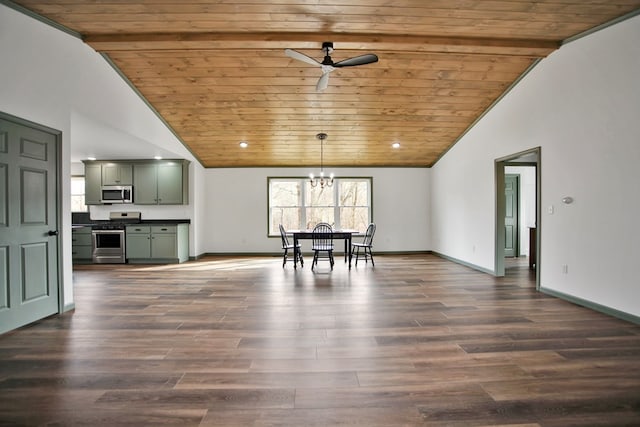 unfurnished dining area with high vaulted ceiling, ceiling fan with notable chandelier, wooden ceiling, and dark hardwood / wood-style floors