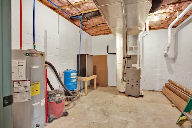 basement with electric water heater and heating unit