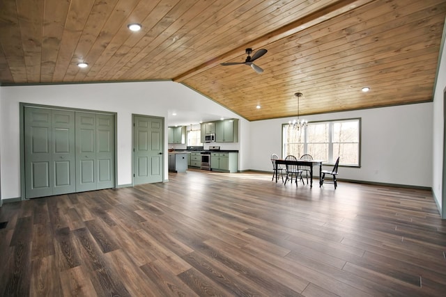 unfurnished living room with vaulted ceiling, ceiling fan with notable chandelier, wooden ceiling, and dark hardwood / wood-style flooring