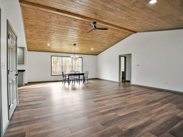 unfurnished room featuring ceiling fan with notable chandelier, vaulted ceiling, wooden ceiling, and dark hardwood / wood-style floors