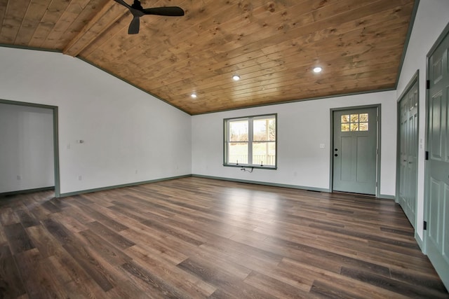 unfurnished living room featuring lofted ceiling, dark hardwood / wood-style floors, and wooden ceiling