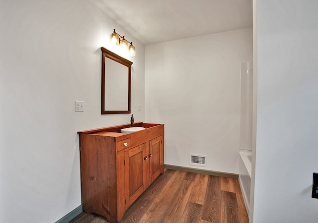 bathroom with wood-type flooring and vanity