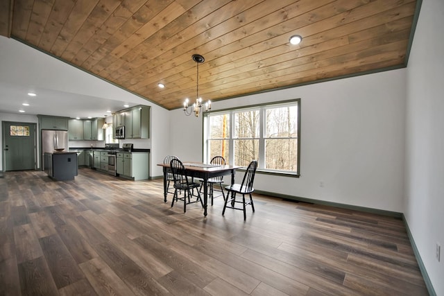 dining area with a notable chandelier, vaulted ceiling, dark hardwood / wood-style floors, and wooden ceiling