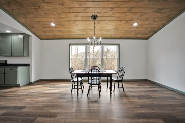 dining area featuring an inviting chandelier, wood ceiling, vaulted ceiling, and dark hardwood / wood-style floors