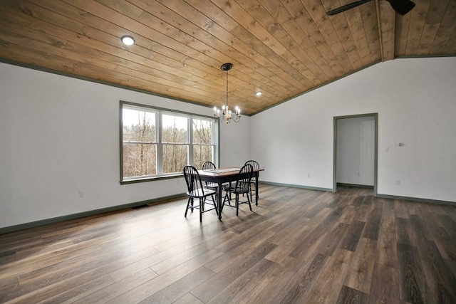 dining room featuring wood ceiling, lofted ceiling, dark hardwood / wood-style flooring, and ceiling fan with notable chandelier