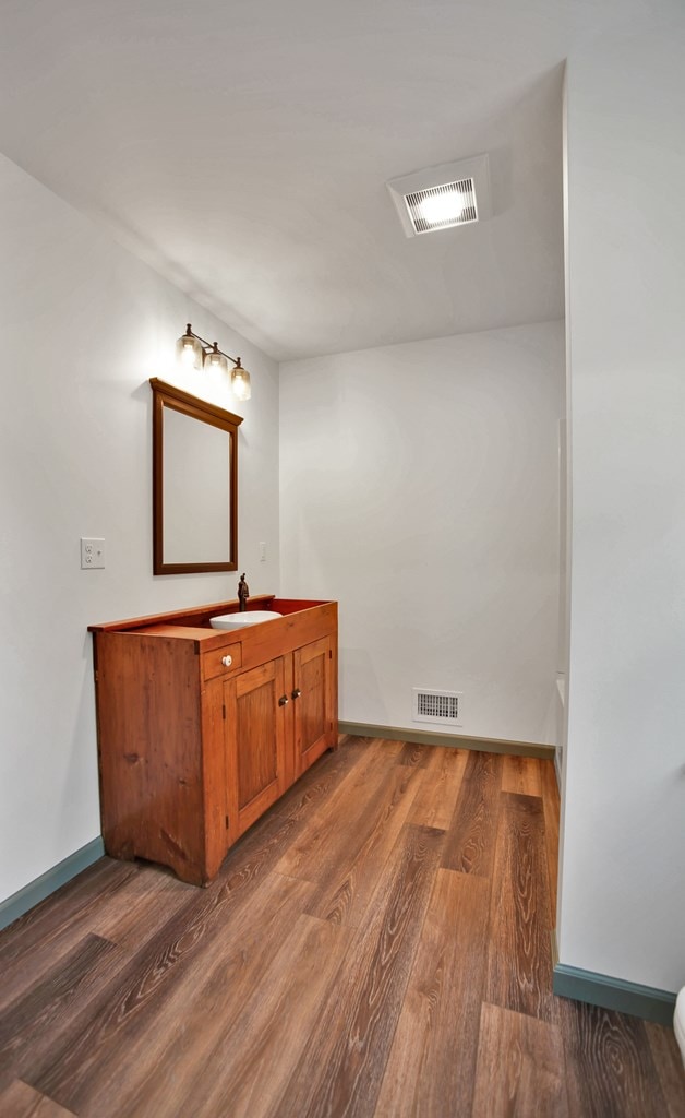 bathroom with vanity and hardwood / wood-style floors