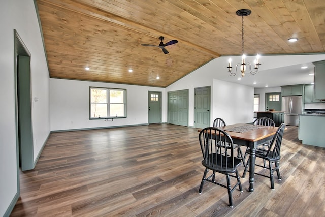 dining space with lofted ceiling, dark hardwood / wood-style floors, ceiling fan with notable chandelier, and wooden ceiling