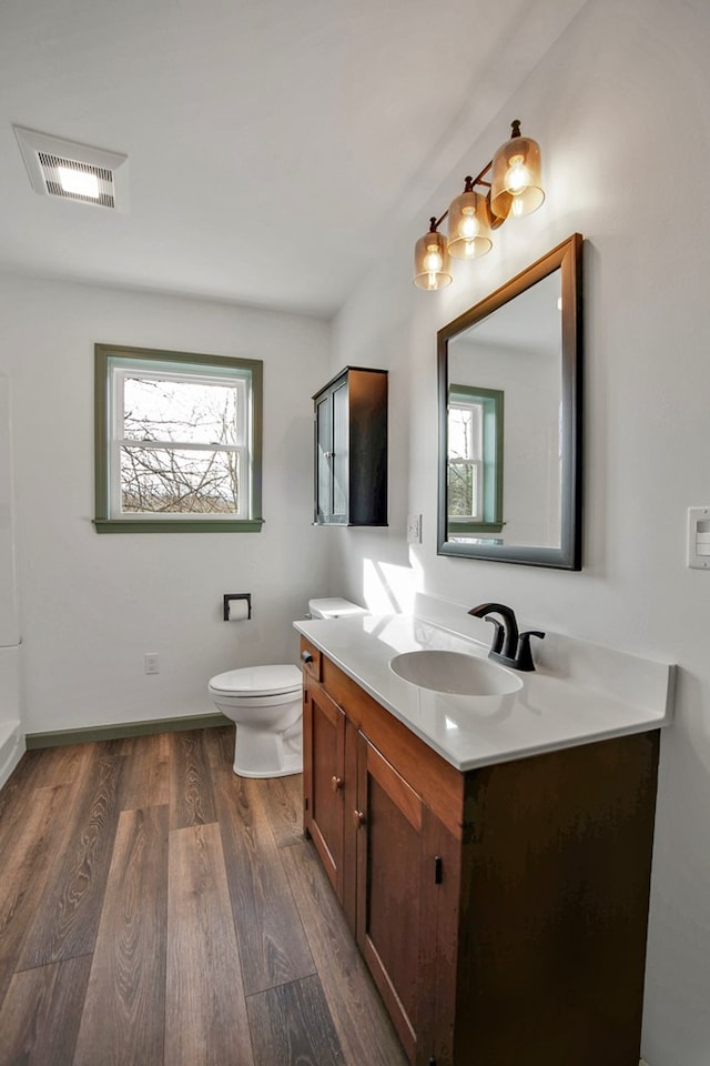 bathroom with vanity, hardwood / wood-style floors, and toilet