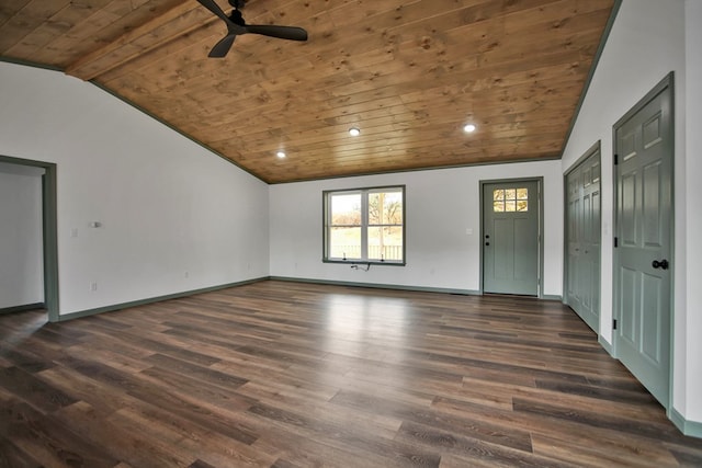 interior space with dark hardwood / wood-style flooring, lofted ceiling, and wood ceiling