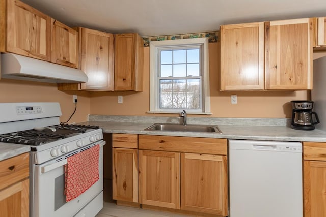 kitchen with white appliances, light brown cabinetry, and sink