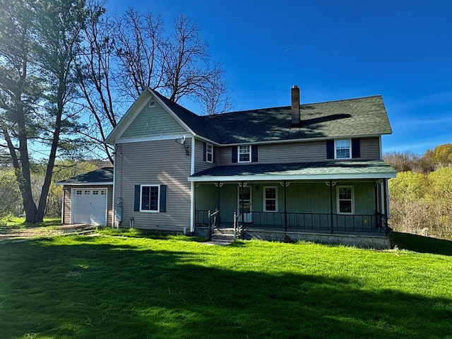 1300 Johnson Rd, Ulysses, PA 16948 - back of house with a chimney, a porch, a yard, driveway, and an attached garage
