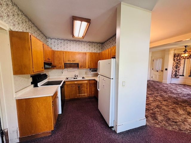 10 Ward Ave, Towanda, PA 18848 - kitchen featuring freestanding refrigerator, electric stove, dark carpet, brown cabinets, and under cabinet range hood