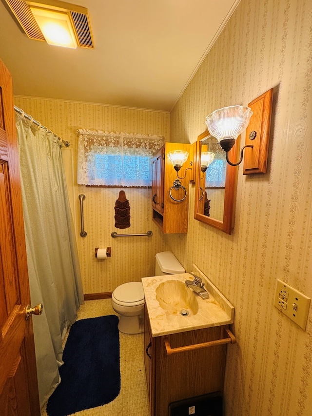 10 Ward Ave, Towanda, PA 18848 - bathroom featuring wallpapered walls, toilet, vanity, a shower with shower curtain, and ornamental molding
