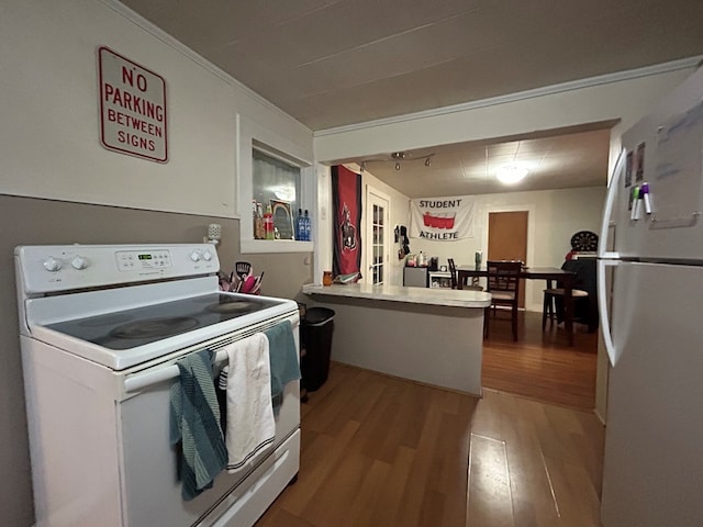 kitchen featuring white appliances, wood finished floors, and a peninsula